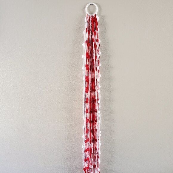 Hand Crafted Boho Wall Hanging Decor or Scarves Red White and Silver set of 4 - Picture 10 of 14